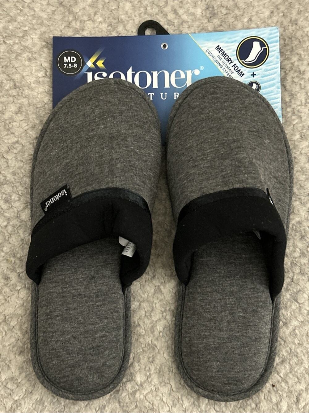 ISOTONER Campbell Jersey Slide Slippers Memory Foam BLACK Women's size 7.5-8